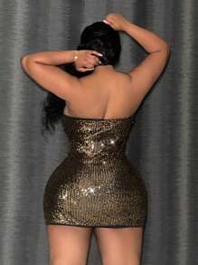 Slaydiva Slayr 大码女式优雅性感修身亮片中长吊带裙，带侧开衩，适合音乐节、派对、庆典 - 金色 - 查看 4