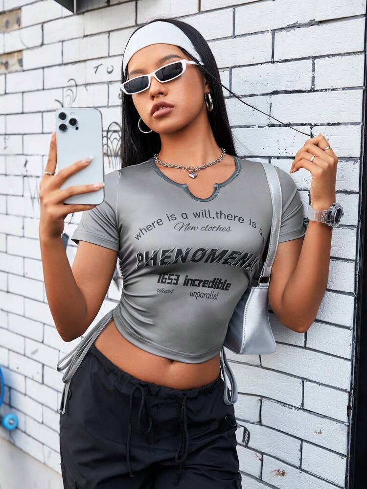 Drawstring Notch Neckline Short Sleeve Sports T-Shirt