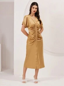 Modelyn Women's Batwing Sleeve Pleated Dress Long Evening Dresses - Coffee Brown - View 3