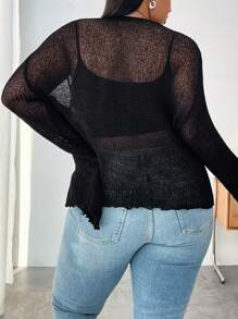 SHEIN CURVE+ Plus Size Women's Front Tie Knit Cardigan - Black - View 2