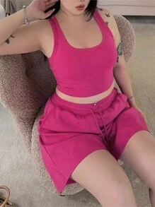 INAWLY Kích thước lớn Màu thuần Quần skinny Áo ba lỗ Và Eo dây rút Quần short 2 Miếng Bộ - Hồng - Xem 3