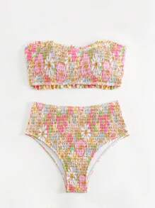 Swim Mod 女用花卉印花平行縐縫抹胸式比基尼套裝 - 彩色 - 查看 3