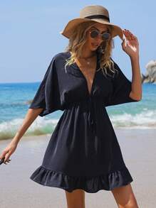 SHEIN Frenchy 女性純色蝙蝠袖束腰連衣裙,連著一件泳裝遮罩衣,和一件浴衣,用作沙灘上的女性服裝 - 黑色 - 查看 4