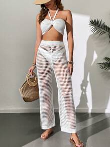 Breezaya Women's Crop Top Backless Halter Knitted Sweater And See-Through Knitted Pants Set