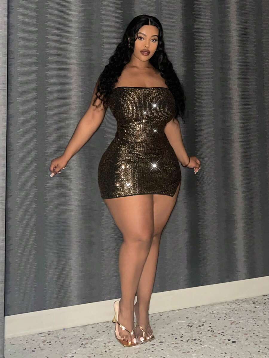 Slaydiva Slayr 大码女式优雅性感修身亮片中长吊带裙，带侧开衩，适合音乐节、派对、庆典 - 金色 - 查看 1