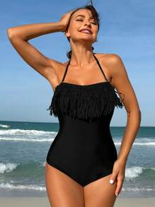Swim Vcay 女士一件式泳衣,流蘇和頸背綁繩款式 - 黑色 - 查看 1