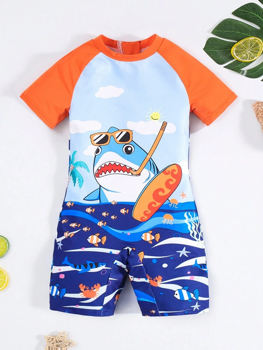 SHEIN 1pc Young Boys' Shark Print Breathable Swimsuit,Casual & Fashionable Soft Comfy One Piece Swimwear,Perfect For Summer,Beach,Holiday In Spring - Royal Blue - View 1