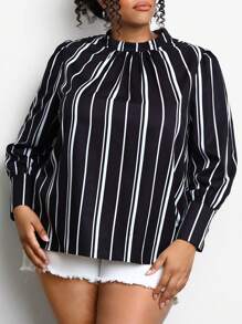 SHEIN CURVE+ Plus Size Striped Blouse With Stand Collar - Black and White - View 3
