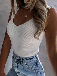 Acelitt Summer Women's Solid Color Daily Leisure Vacation Sleeveless V-Neck Wool Vest Fashionable Backless Knitted Top