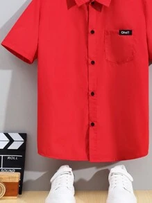 SHEIN 兒童休閒街頭風格貼布設計短袖針織鈕扣恤衫 - 紅色 - 查看 6