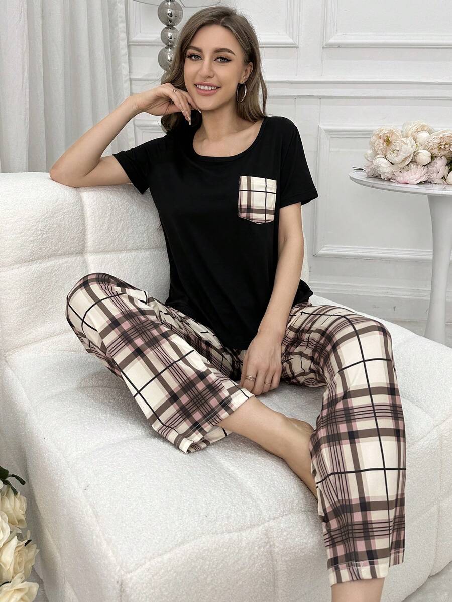 Conjunto De Pijama Y Camiseta De Manga Corta A Cuadros Con Bolsillo Para Mujer