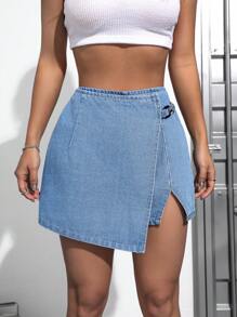 SHEIN EZwear Women's Asymmetrical Wrap Denim Skort