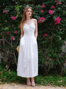 Twist Double Strap Tank Dress With Gathered Waistline