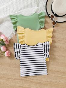 SHEIN Leap Crew Baby Girl Casual And Versatile Solid/Stripe Ruffle Top 3pcs Outfit Set - Yellow - View 2
