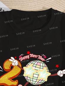 Fashionable Drop Shoulder Round Neck Sweatshirt With New Year Slogan Print, All-Match Style - Black - View 4