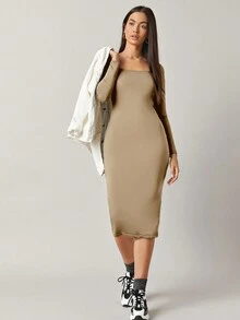 RueChic Solid Color Slim Fit Long Sleeve Dress - Apricot - View 3