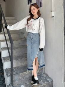 DAZY 女性短款狗狗和字母印花運動衫 - 白色 - 查看 7