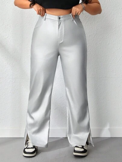 SHEIN SXY Pantalones rectos de talla grande con dobladillo dividido de unicolor