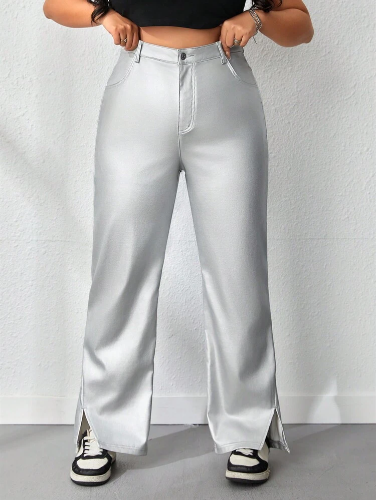 Plus Size Solid Color Split Hem Straight Pants
