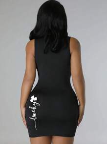 INAWLY Women's Lucky Clover & Letter Print Bodycon Dress - Black - View 3