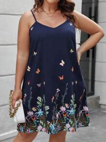 EMERY ROSE 大码女式蝴蝶和花卉印花宽松休闲细肩带连衣裙夏季