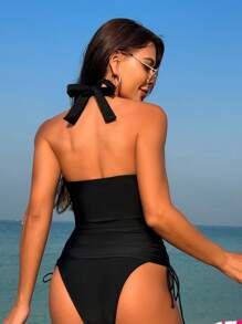 SHEIN Swim 嘉年華女式露肩荷葉邊比基尼 - 黑色 - 查看 2