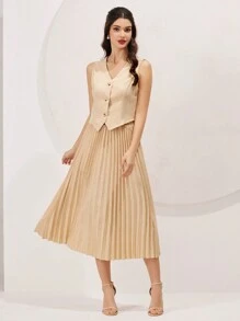 Modelyn 女性的v領單排扣背心、西裝外套和褶裙套裝 - 杏色 - 查看 5