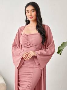 Modelyn Women's Ruched Cami Dress And Jacket Set, Wedding Guest Dress - Pink - View 6