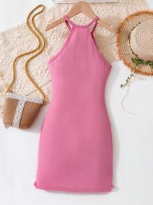 SHEIN Explorewe Tween Girl's Halter Neck Dress With Tassel Hem - Hot Pink - View 2