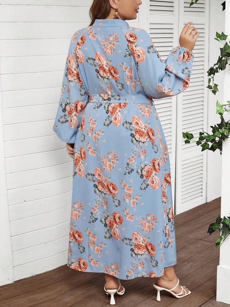 Plus Size Women's Floral Printed Lantern Sleeve Dress