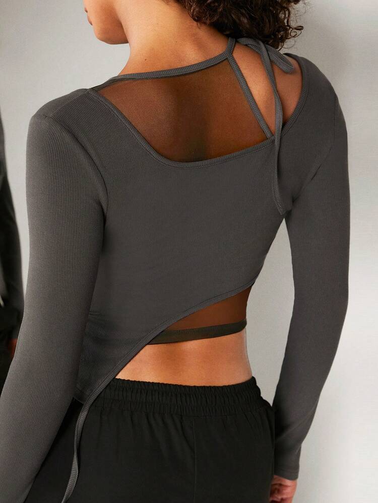 Asymmetric Ribbed Knit Mesh Tie Top