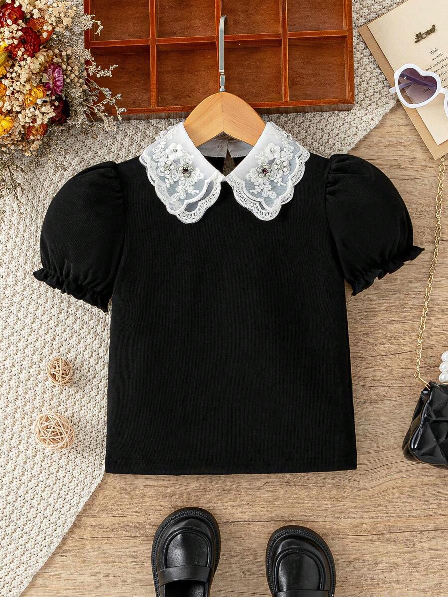 SHEIN Young Girl's Embroidery Stylish Mesh Puff Short Sleeve T-Shirt With Contrast Colors