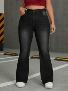 SHEIN ICON Kích thước lớn Của phụ nữ Thêu Eo cao Quần jean loe Với Trở lại Túi - Xám - Xem 2