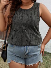 SHEIN LUNE Plus Size Round Neck Ripped Sleeveless Top - Black - View 6