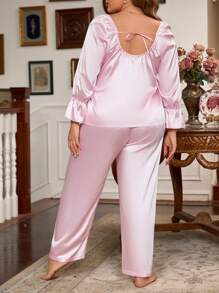 Kích thước lớn Chèn Lace Tay áo loe Bộ áo và quần Pajama - Hồng - Xem 2