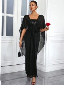 SHEIN Belle Của phụ nữ Lưng Chữ V Cape Thanh lịch Trang phục dạ hội Đầm - màu đen - Xem 3
