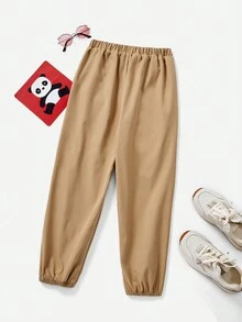 SHEIN Cô gái Tween In gấu trúc Eo dây rút Quần Chạy bộ - Màu be - Xem 2