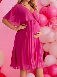 SHEIN Elegant & Romantic Maternity Party Dress With Ruffle Hem - Hot Pink - View 1