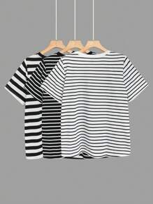 SHEIN LUNE 大尺碼女裝條紋短袖t恤 - 黑與白 - 查看 2