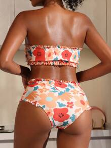 SHEIN Swim 女士花朵印花前结式抹胸比基尼套装，高腰无肩带比基尼套装泳衣沙滩装夏季度假，夏季海滩