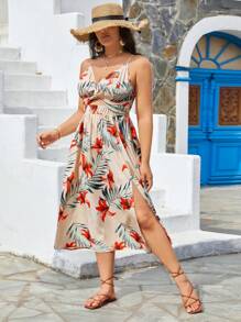 SHEIN VCAY Aprikot Blumenprint Strandkleid mit Spagettiträgern für Damen Große Größen, ideal für Sommurlaub