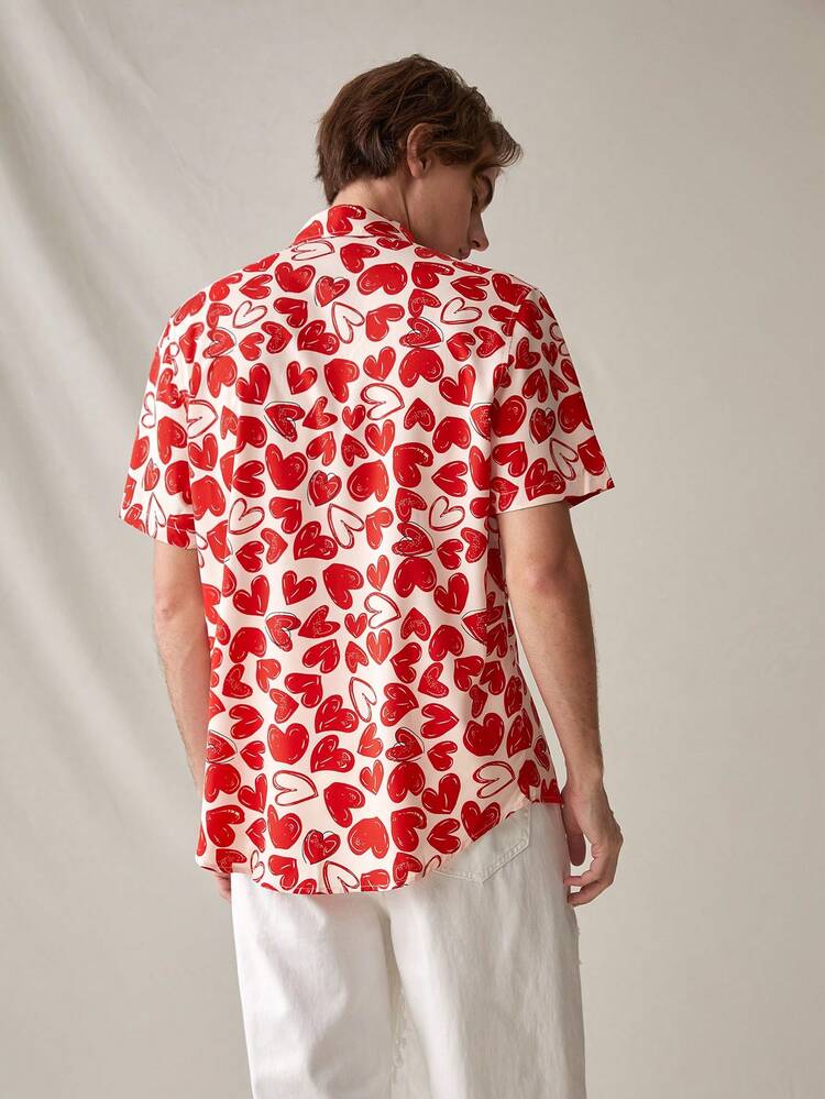 Men'S Casual Woven Shirt With Heart Print Pattern