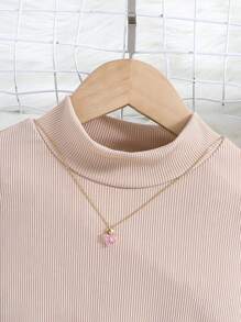 Tween Girl Stand Collar Leopard Print Pleated Hem Belted Dress With Long Sleeves - Apricot - View 3