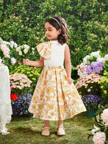 SHEIN Bộ áo cổ đứng thêu hoa có viền xếp nếp và chân váy xếp ly họa tiết hoa cho bé gái - Nhiều màu - Xem 4