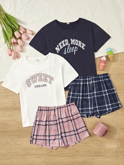 Teen Girls' Simple Plaid Shorts And Round Neck Short Sleeve T-Shirt Two Pieces Home Wear Set
