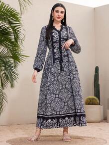 Mulvari Full-Printed Notched Neck Long Sleeve Dress - Black - View 3