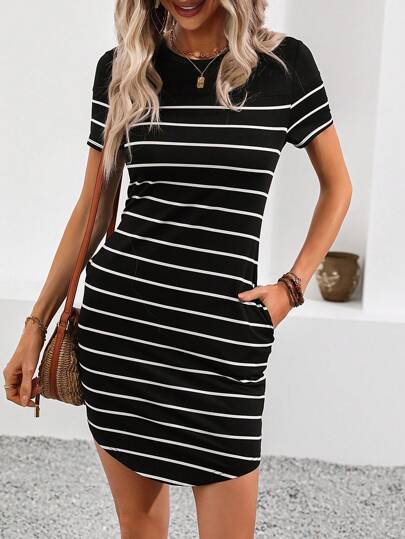 SHEIN LUNE 女士条纹拼布紧身连衣裙