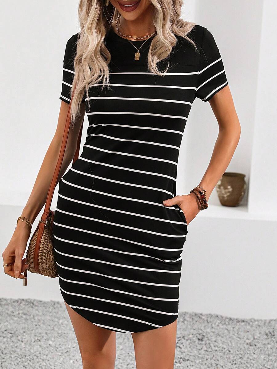 SHEIN LUNE 女士条纹拼布紧身连衣裙