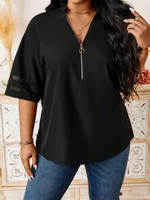 Calvaya Kích thước lớn Của phụ nữ Lưới Khóa kéo nửa mở Áo sơ mi - màu đen - Xem 3