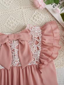 SHEIN Tween Girls' Loose Round Neck Lace Patchwork Shirt With Ruffle Hem - Yellow - View 3